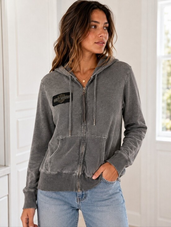 Harley-Davidson Jackets & Blazers - Poshmark: Washed Gray Zip Hoodie Eagle Moto Biker Y2K Grunge Sz M